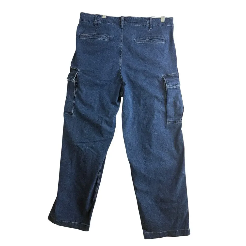 Uniqlo Wide Fit Denim Cargo Pants Mens Size L Drawstring‎ Stretch Streetwear - Picture 4 of 14